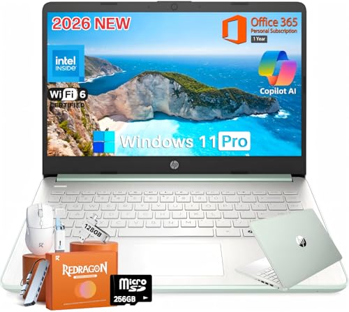 Image of HP 2026 14 inch Laptop Computer with Copilot AI, Intel N150, 16 GB RAM, 512 GB Storage(128GB UFS+256GB MSD+128GB UFD), 1-Year Office 365, WiFi 6, Ultra Light, Portable, Windows 11 Pro, Willow Green