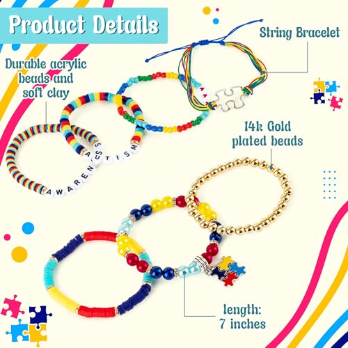 Y1tvei Autism Awareness Clay Bead Bracelets - 7Pcs Autism Awareness Colorful Clay Bead Surfer Bracelet Puzzle Piece Pendant Bracelet String Layering Stackable Stretch Bracelet Gift for Women Kid2