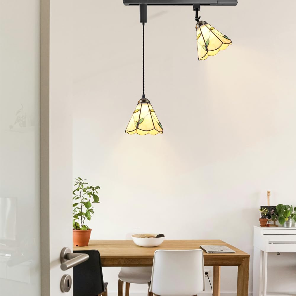1x Plug in Cable Track Rail, 1X Adjustable Cord, 1x Adjustable Angle Handmade Glass Leaf Pattern Track Lighting Fixtures H-Type Vintage Design for Kitchen Loft(No Bulb)