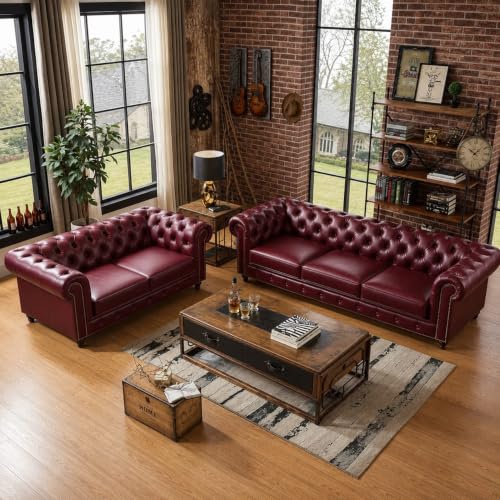 Image of Modern Classic Design Leatherette Luxury Chester Sofa Set with Button Tufted, Sofa for Living Room Home, Office, Hotle and Lobby, Living Room Set (Burgundy, 3+2=5 Seater Sofa)