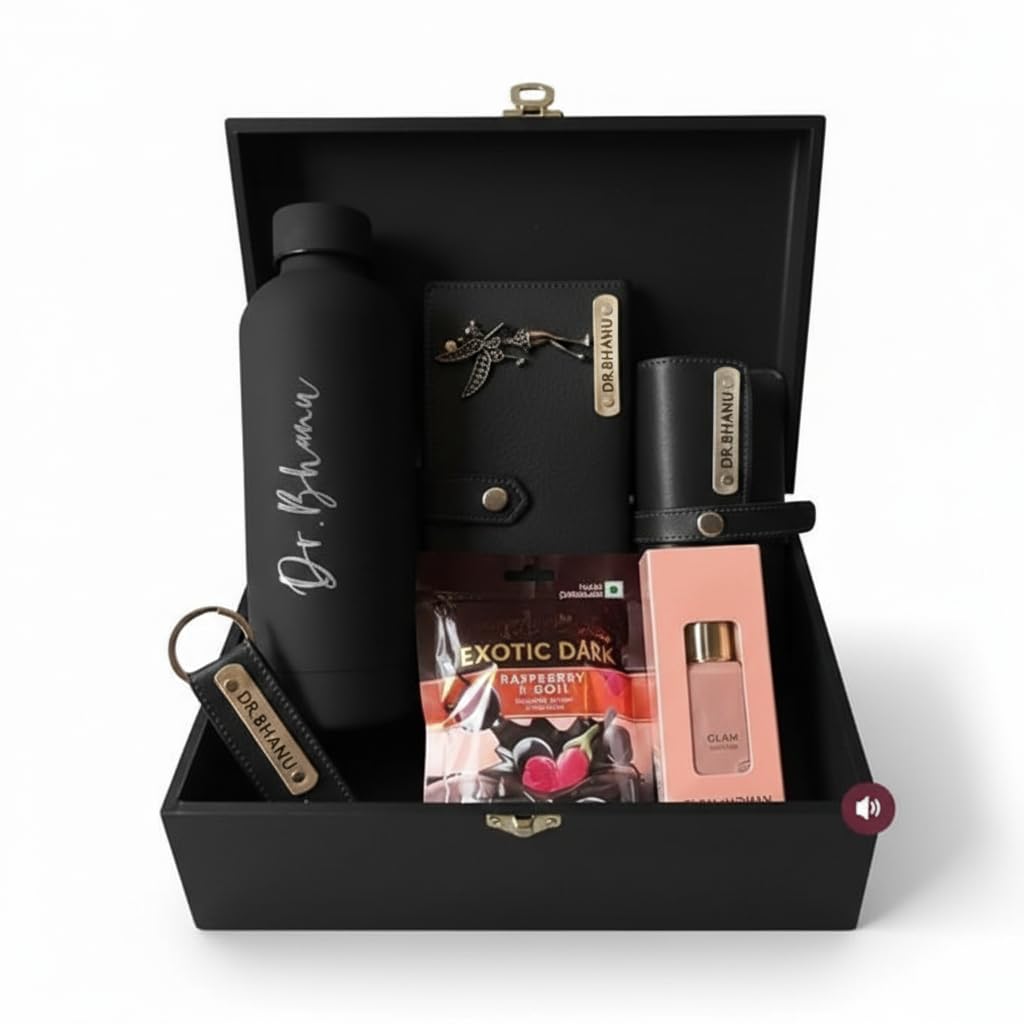 Customizable Luxury Gift Hamper for Women | Personalized Bottle, Wallet, Sunglasses Cover, Keychain & Chocolate Combo | Premium Birthday & Anniversary Gift for Her (Black)-image-13