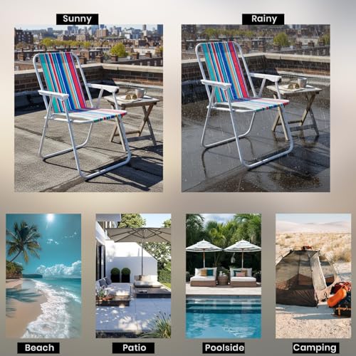 Image of Pivalo Folding Beach Chair with Arm Rest Portable Lightweight Rainbow Stripped Foldable Fishing Chairs for Travelling Picnic & Outdoor Camping Hiking Garden (Medium, Red Stripe)
