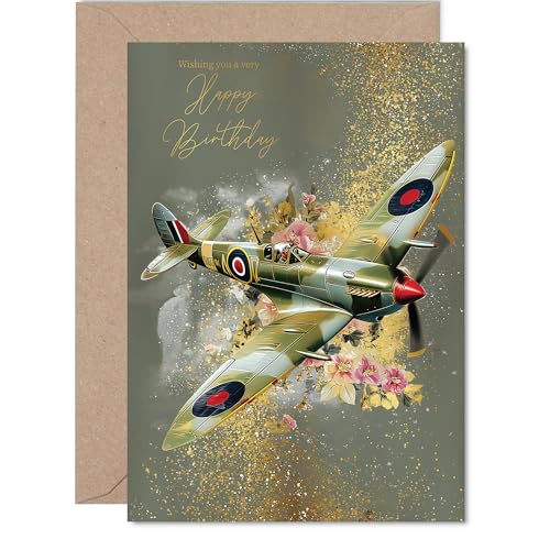 Carte d'anniversaire famille dorée, avion Spitfire