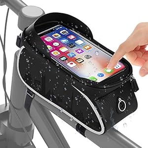 Parsion Fahrrad Rahmentasche wasserdichte Fahrradtasche Oberrohrtasche Handytasche mit Sonnenblende Kopfhörerloch TPU Touchscreen Fahrrad Handyhalter für Smartphone unter 6 Zoll (Schwarz)