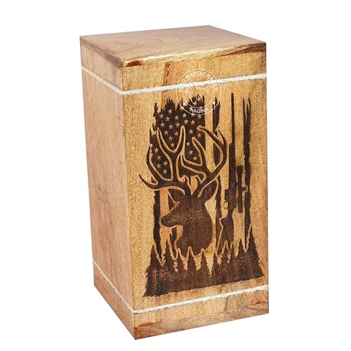 Image of Handcrafted Floral Engraved Wooden Urns for Human Ashes Adult Large - Cremation Urn for Ashes - Burial Urn for Columbarium - Funeral Urn Box (USA Flag Buck, 250 LB - Hardwood)