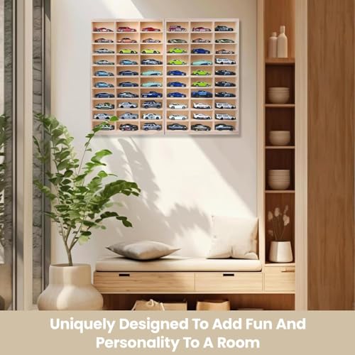 Image of 60 compartement Wooden Display for Cars - Diecast Toy Car Stand, Display Rack for Kids Toys, Living Room, Balcony, Office Decor - (Without Toys) - Wooden Display for Diecast Cars (60 Compartment)