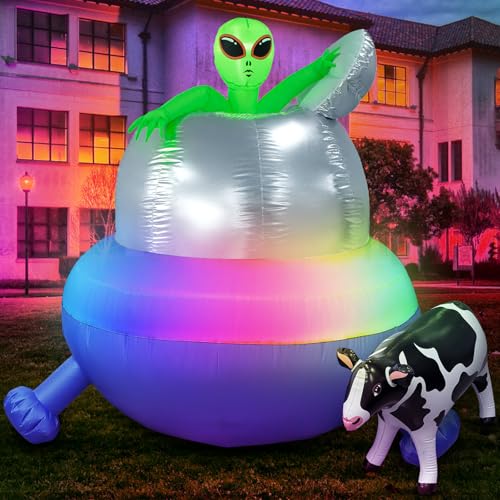 Alien Halloween Decorations Outdoor Inflatable 4.92FT UFO Cow Abduction Inflatable Alien Party Decorations Built-in RGB LED Strip Lights Blow Up Yard Outside Indoor Garden Decor (Color Flash Changing)