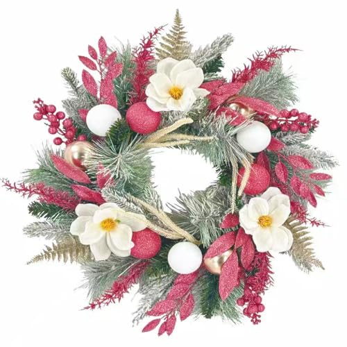 20 inch Pink Christmas Wreath for Front Door, Artificial Cedar with White Magnolia Flowers...