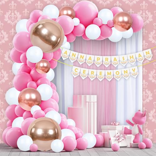 Image of Party Propz Annaprashan Decoration Items- 75pcs Pink Theme Baby Rice Ceremony Decorations | Annaprasana Decoration Items | Annaprashan Ceremony Banner (cardstock) | With Pink Balloons And Net Curtains