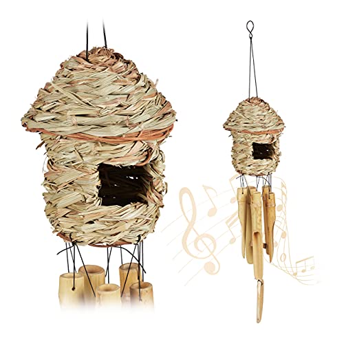 Relaxdays Campane a Vento, Set 2, Canne in Bambù, Acchiappasogni con Decorazione a Casetta Uccelli in Paglia, Naturale