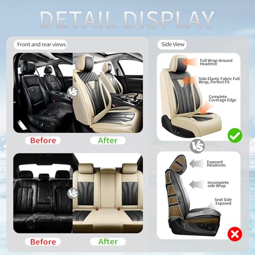 Image of Car Seat Covers Compatible with Chevy Equinox 2011-2026, Premium Leather Breathable, Wear Resistant, Airbag Compatible, All-Weather Protection & Full Coverage, 2 Front Seat Beige&Black