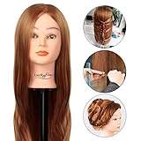 Luckyfine Cabeza Maniquí Peluqeuría, 50% Pelo Natural, Cabeza de Entrenamiento para Peluqueros, Cabeza de Cosmetología de Maniquí, Regalo para Niñas con Soporte Pinza - Castaño Claro, 24 inches