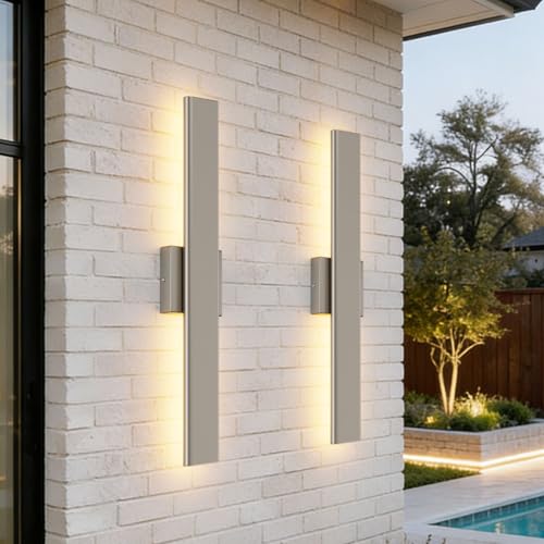 Image of Aipsun 2 Packs Nickel Outdoor Wall Light 23.6inch Modern LED Exterior Wall Sconce, Long LED Linear Exterior Lights 3000K 4000K 6000K for Entrance, Hallway, Garage, Porch(3CCT)