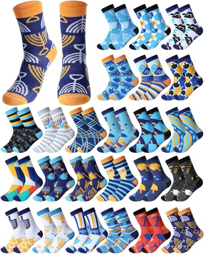 Shinymoon 24 Pairs Hanukkah Socks Fuzzy Novelty Chanukah Menorah Crew Sock for Women Men Jewish New Year Dress