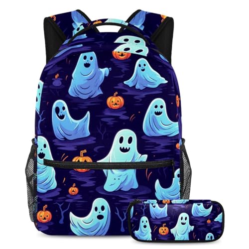 Sac à dos Halloween fantôme avec trousse scolaire multicolore pour enfant et étudiant