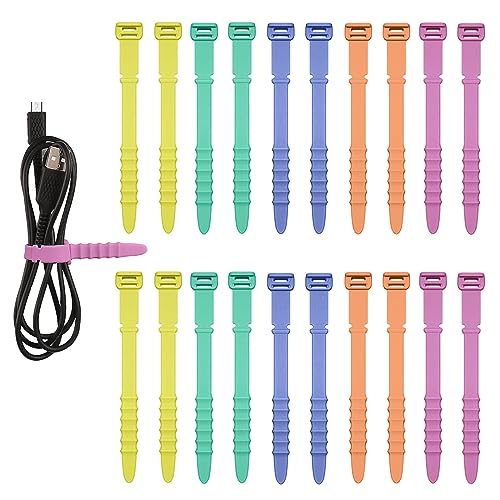 20pcs Silicone Cable Ties, Cord Organizer Straps Reusable Zip Ties Elastic Cord Management for Headphones Phone Charging Wire USB Home Office Table Organization (Yellow, Green, Pink, Orange, Blue)