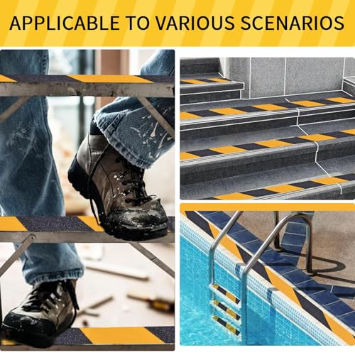 Image of Black & Yellow Anti-Slip Stair Treads Tape, 2 inch x35FT Heavy Duty Non-Skid Grip Tape for Indoor /Outdoor Steps, Bathroom & Pool - PVC Waterproof Safety Traction Tape