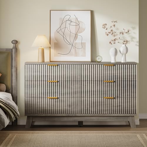 Image of BORNOON Fluted 6 Drawer Dresser, 47.2 inch Wide Modern Boho Chest of Drawers, Wooden Storage Dresser TV Stand for Bedroom, Living Room, Closet, Hallway, Curved Profile Design