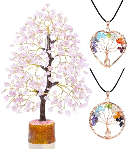 Shawn Rose Quartz Gem Tree – Artificial Bonsai Tree, Healing Crystal Home Decor, Feng Shui, Spiritual Gift, Good Luck Gift, 10-12 Inch