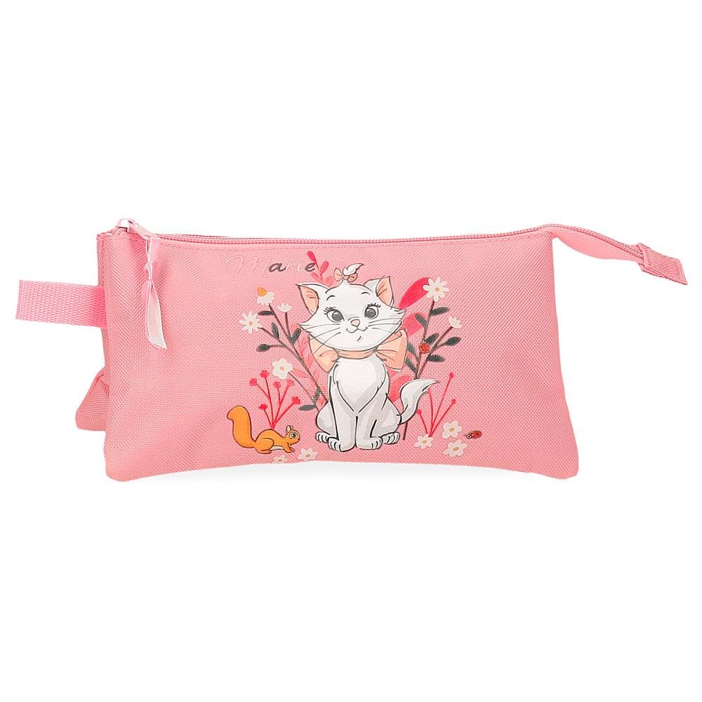EnsoJoumma Disney Marie Aristocats Pencil Case with 3 Compartments, Pink, 22 x 12 x 5 cm, Polyester, 1.32 L, Pink, Talla única Triple Pencil Case