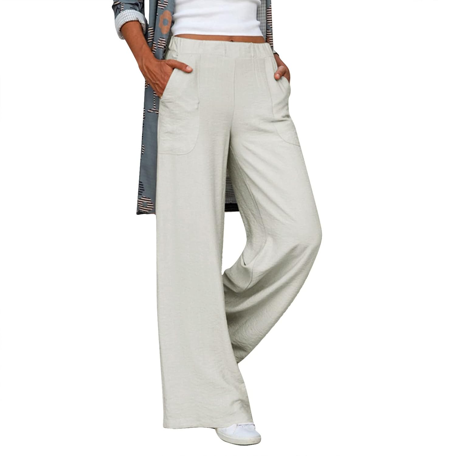 YOLAI Womens Solid High Waisted Trousers Loose Wide Leg Cozy Pants Straight Leg Trousers Pants with Pockets