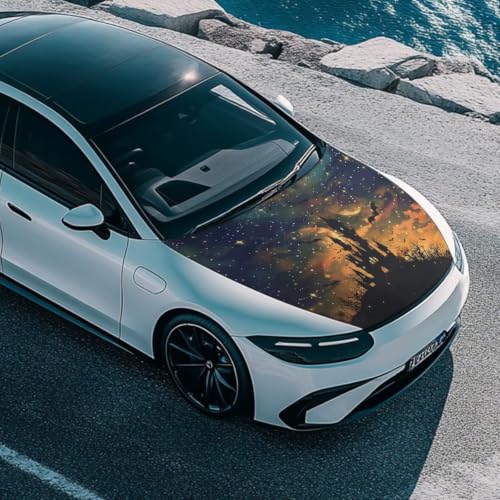 Image of Car Hood Cover Protector Halloween Spooky Castle Print Waterproof Car Hood Wrap Blanket Auto Flag Automotive Halloween Exterior Accessories for Sedans SUVs Pickups Trucks Jeeps