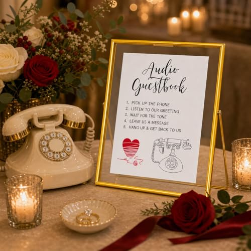 Image of Calculs Audio Guest Book Sign, Gold 8x10 Floating Picture Frame | Double glass metal frame, fits 6x8 insert, audio guest book table, reusable tabletop frame for signs and photos
