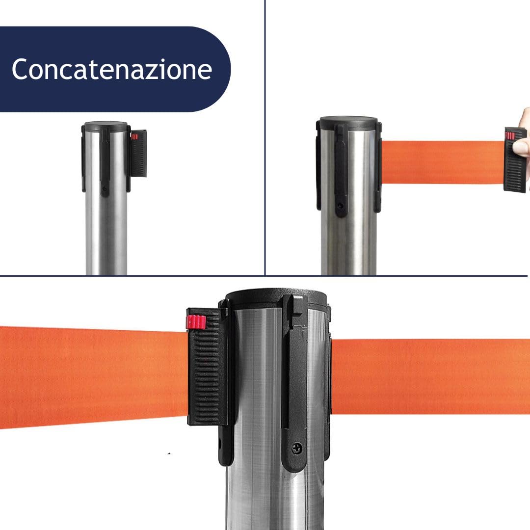 Postes Separadores de Acero Cromado Pulido con Cinta 3mt Base Antideslizante Naranja