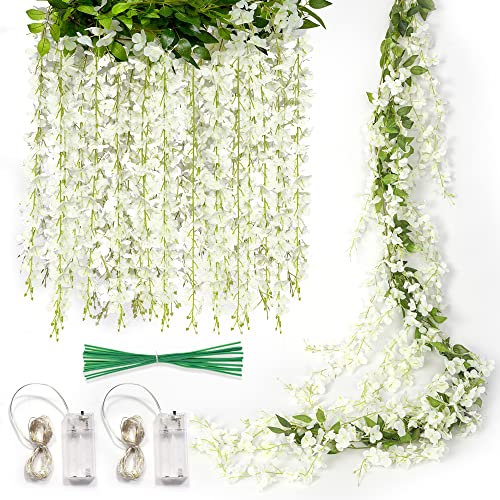 Wisteria Hanging Flowers 40 Branches with 80 LED Strings Lights, JACKYLED 6ft Artificial White Silk Wisteria Vine with Lights Garland for Aesthetic Bedroom Party Garden Home Decor Wedding