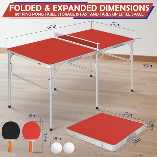 REAHOISY Mid-Size Portable Ping Pong Table, Compact Foldable Table Tennis Table Set w/Net, 2 Paddles & 2 Balls for Indoor Outdoor, Small Spaces and Apartments, Thickened Aluminum Frame (Red)