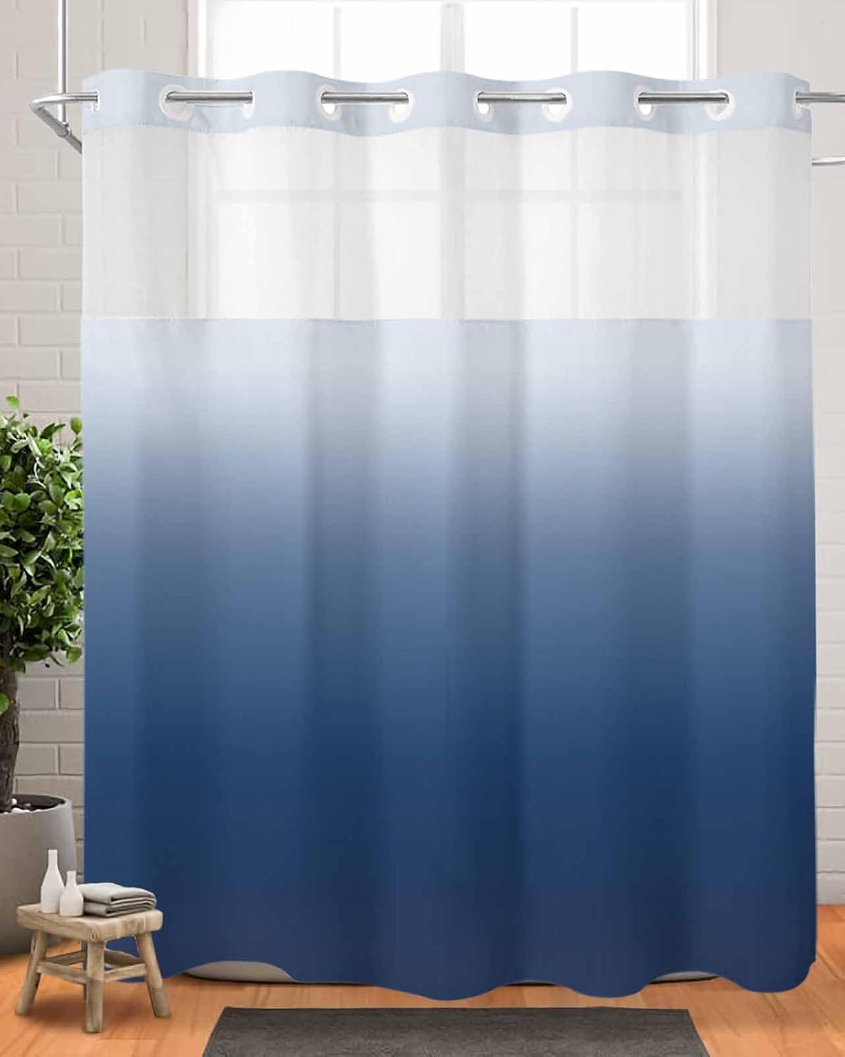 No Hook Shower Curtains, Navy Blue Ombre Waterproof Shower Curtain with Snap in Liner Set, Farmhouse Gradient Blue Hotel Quality Bathroom Decor, See Through Mesh Top Window - Standard 72"x72"