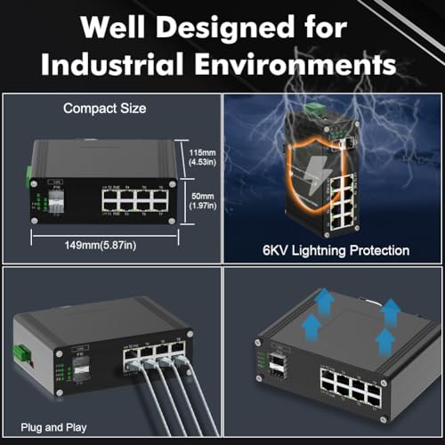 Image of Industrial Gigabit Managed PoE Switch - 8 Ports 10 /100 /1000Mbps Web Management DIN Rail PoE Switch with 2 SFP Slots, Network PoE Switch Support Ring Network, VLAN, STP /RSTP