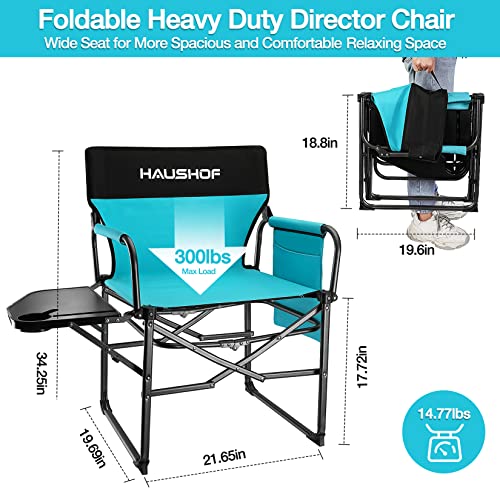 Haushof Camping Chair With Side Table And Storage Pockets, Portable Folding Directors Chair, Heavy Duty Camp Chair For Adults Outdoor Fishing Beach, Blue #TOP2