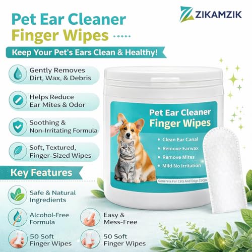 Image of Pet Ear Cleaner Finger Wipes for Dogs & Cats | Alcohol-Free Pet Ear Cleaning Wipes | 50 Pcs Disposable Finger Pads for Ear Wax Removal, Itch Relief, Odor Control & Hygiene Grooming Care