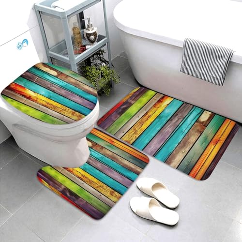 Dwrepo Colorful Wooden Boards Print Bathroom Rug Set 3 Piece with Non-Slip U-Shaped Contour Mat and Toilet Lid Cover for Bathroom Decoration