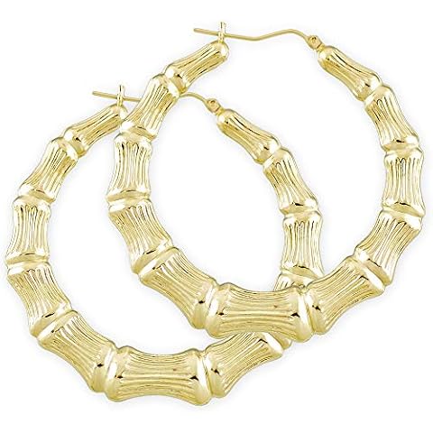 10k Yellow Gold Round Bamboo Hoop Earrings 2.2 Inches Diameter. Cover
