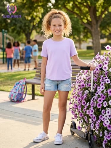 Image of WELAKEN Girls Soft T-Shirt with Curved Hem, Breathable Stretchy Rayon Crewneck Short Sleeve Tees, Kids Everyday Basic Top