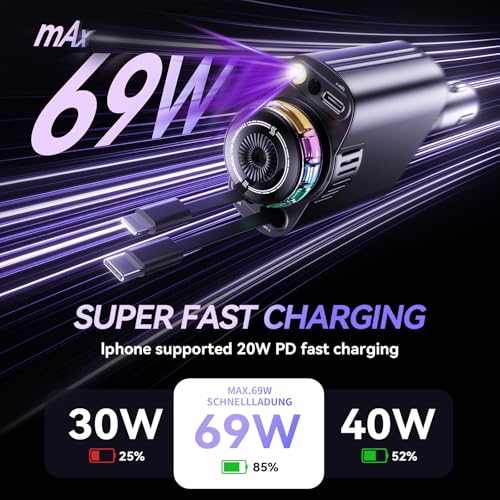 Retractable Car Charger with Starlight and Aromatherapy, 5 in 1 USB C Car Charger Adapter, 69W Fast Charging Cars Phone Chargers, Cars Air Freshener Compatible with iPhone 16 15 14 13 12 and Android