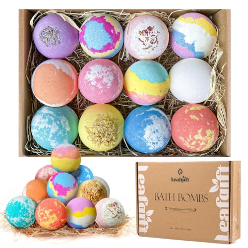 Leafgift Bath Bombs Gift Set, 12pcs Handmade Bath Fizzies with Natural Sea Salt Cocoa & Shea Butter, Perfect for Bubble Bath Spa, Moisturizing Dry Skin, Stress Relief, Best Gift for Women, Men