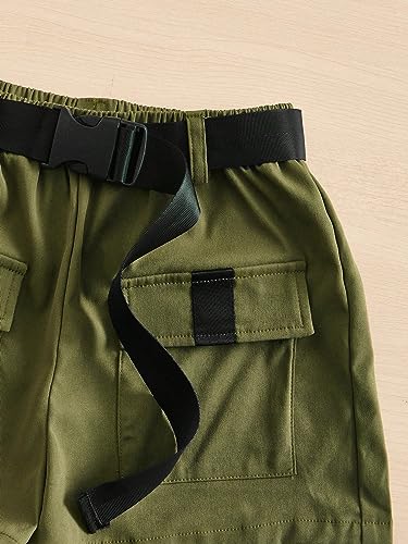 Image of SHENHE Girl's 2 Piece Outfits Short Sleeve Graphic Tee and Belted Cargo Shorts Set Green and Black 9Y