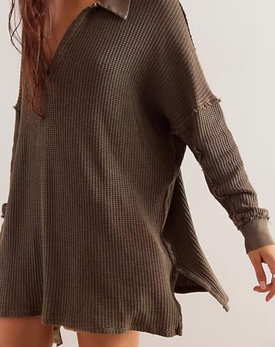 LifeShe Women's V Neck Batwing Long Sleeve Sweaters Lapel Collared Oversized Waffle Knit Side Slit Pullover Tops4