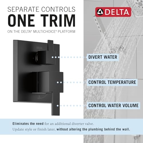 Image of Delta Modern 14 Series Square Rain Shower System Faucet Set, Rainfall Matte Black Shower Head and Handle Set, Valve Trim Kit, 10 Inch, Matte Black T342701-BL (Valve Not Included)