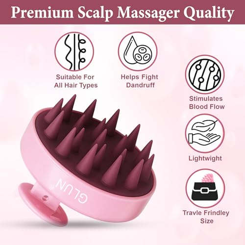 Image of GLUN Pack of 2 Scalp Shampoo Brush - Silicone Hair Scalp Massager for Dandruff Removal & Deep Cleansing (Pink)