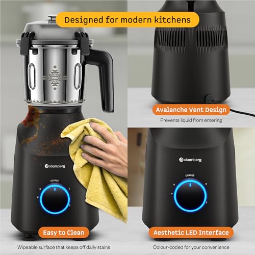 Image of Atomberg Tavi Mixer Grinder |110 V only for US & Canada | Unique Coarse Mode for Silbatta-Like Texture | Intelligent 600W Motor | 4 Jars Including Chopper Jar | Matte Black