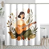 Botanischer Duschvorhang, illustrierte Gitarre-Kunst-Badvorhang für Badezimmer-Dekor, modern, minimalistisch, von der Natur inspiriert, wasserdichter Stoff, Duschvorhang-Set mit Haken für Feder &