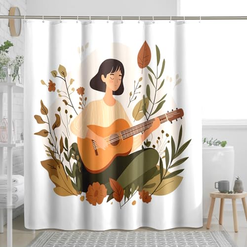 Botanischer Duschvorhang, illustrierte Gitarre-Kunst-Badvorhang für Badezimmer-Dekor, modern, minimalistisch, von der Natur inspiriert, wasserdichter Stoff, Duschvorhang-Set mit Haken für Feder &