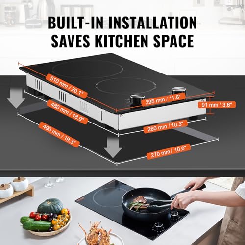 Image of VEVOR Electric Cooktop, 12inch 2 Burners Built-in Electric Stove Top 110V, with Glass Panel, Knob Control, 11 Heat Levels, for Diverse Cooking Requirements