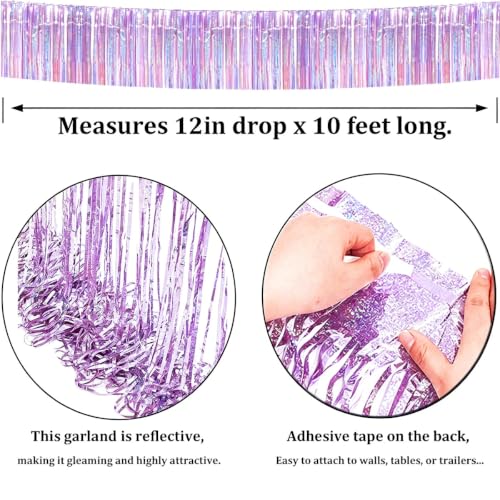 Image of 4 Pack Iridescent Purple Total 40 Feet Foil Fringe Garland Metallic Tinsel Banner Wall Hanging Drapes Parade Float Skirting Decorations for Trailer Mardi Gras Party Birthday Wedding