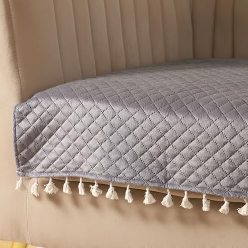 Image of HOMEMONDE 2 Seater Quilted Velvet Sofa Cover with Tassels |Soft, Durable & Premium Fabric with Tassels | Sofa Cover Mats for Living Room, Bedroom, Drawing Room & Office (76 X 122 CM, Grey)