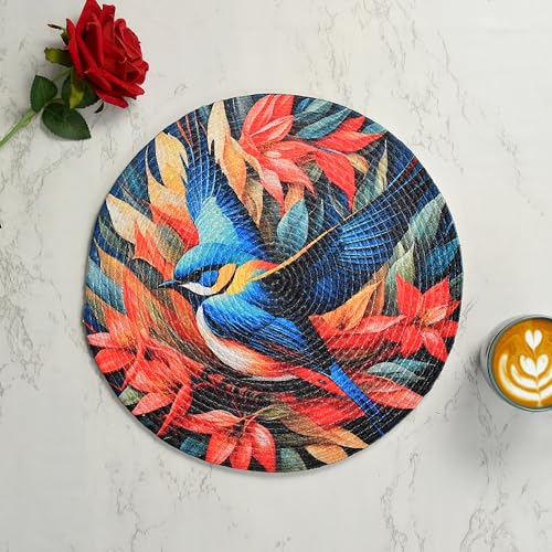 Image of LaVichitra Cotton Table Placemat | Dining Table Mat | Bed Side Table Mat | Cotton Round Shape Placemats | Washable PlaceMat for Shelves & Plant Pots - Pack of 2, Blue Bird